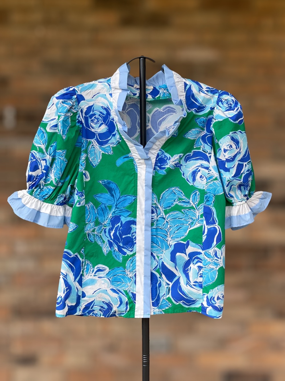 Entro Large Green Blue Rose Floral Puff Sleeve Ruffle Blouse